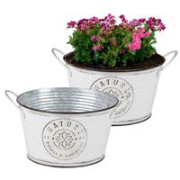 Plantenpot/bloempot teil voor buiten - 2x - zink - rond - ivoorwit - D22 x H12 cm