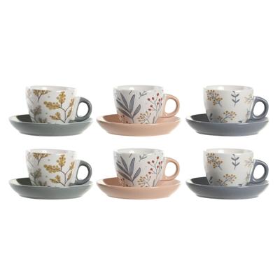 Set van Kopje met Schotel DKD Home Decor Blauw Grijs Multicolour Licht Roze Porselein 90 ml 11 x 11 x 2 cm (3 Stuks)