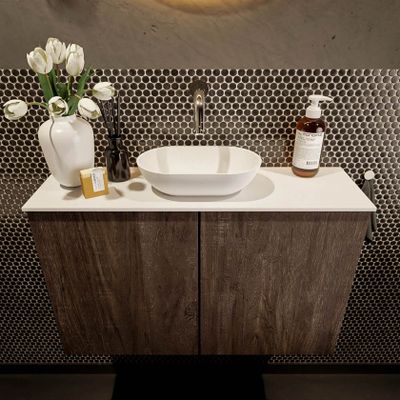Mondiaz Fowy toiletmeubel 80cm dark brown met blad en waskom talc midden zonder kraangat