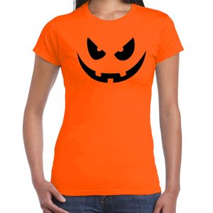 Pompoen gezicht halloween verkleed t-shirt oranje voor dames