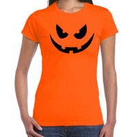 Pompoen gezicht halloween verkleed t-shirt oranje voor dames - thumbnail