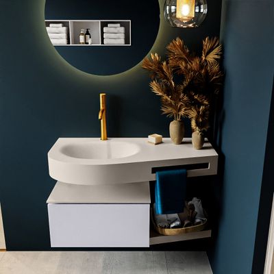 MONDIAZ RIVA 100cm badmeubel onderkast / planchet kleur Cale met 1 lade. Wastafel DULCET links 1 kraangat kleur Linen.