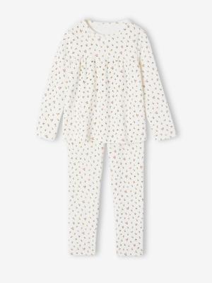 Fluwelen meisjespyjama met bloemenprint ecru