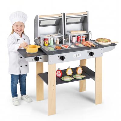 Barbecue Kindergratset van Hout Grillspeelgoed met Veel Grillgereedschap en Speelgoedvoedsel Keukenspeelgoed met 2 Grills en Klapdeksels