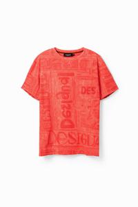 T-shirt van gewassen stof met logo's - ORANGE - XL