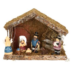 Complete kinder kerststal met 7x st kerststal beelden - 32 x 17 x 25 cm - hout/polyresin