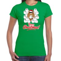 Fout Kerst t-shirt / outfit met hamsterende kat Merry Christmas groen voor dames
