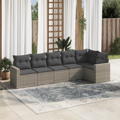 6-delige Loungeset met kussens poly rattan grijs
