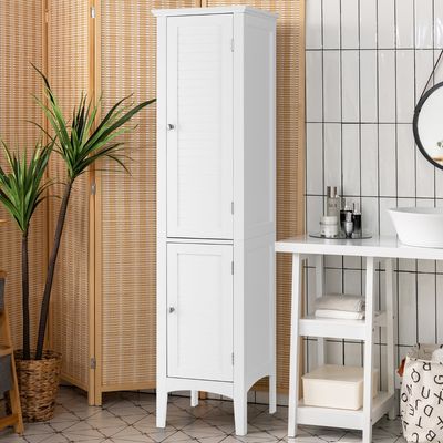 Badkamerkast met 5 Verdiepingen Smal Vrijstaande Hoge Kast met 2 Lamellendeuren 2 Planken en Kantelbeveiliging 37 x 37 x 160 cm (Wit)