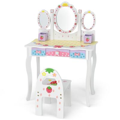 Kaptafel voor Kinderen met Drievoudige Spiegel Kinder Kaptafel en Stoel met 3 Lades 2 Opbergdozen Make-Up Kaptafel met Krukje Wit