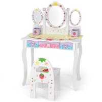 Kaptafel voor Kinderen met Drievoudige Spiegel Kinder Kaptafel en Stoel met 3 Lades 2 Opbergdozen Make-Up Kaptafel met Krukje Wit