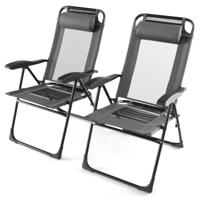 Set van 2 Opvouwbare Terrasstoelen Verstelbare Stoelen voor Buiten Brede Armleuningen Rugleuning met 7 Niveaus Ademende Zitting Grijs