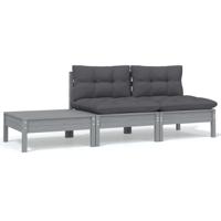 3-delige Loungeset met kussens massief grenenhout grijs - thumbnail