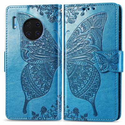 Voor Huawei mate 30 Pro Butterfly Love Flower reliëf horizontale Flip lederen draagtas met beugel/kaartsleuf/portemonnee/Lanyard (blauw)