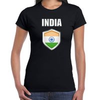 India landen supporter t-shirt met Indiaanse vlag schild zwart dames - thumbnail