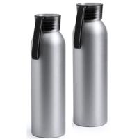 Drinkfles/waterfles - 2x - zwart - aluminium - 650 ml - sportfles/sportbidon