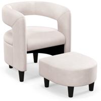 Relaxstoel met Kruk Stoel Woonkamer Gestoffeerde Stoel Fluweel met Open Rugleuning en Massief Houten Frame Leesstoel (Beige)