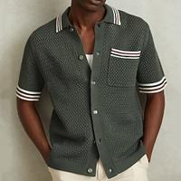 Voor heren Gebreide polo Cardigan Casual Feestdagen Geribbelde polokraag Klassiek Korte mouw Modieus Gestreept Knoop voorzijde Zomer Lente Herfst Groen Gebreide polo Lightinthebox