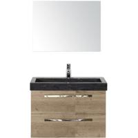 Seville Badmeubelset 80 cm - Natuur Eiken - Wastafel Hardsteen Wit Lucca met Spiegel