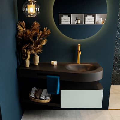 MONDIAZ RIVA 120cm badmeubel onderkast / planchet kleur Greey met 1 lade. Wastafel DULCET rechts 1 kraangat kleur Urban. MONDIAZ RIVA 120cm badmeubel onderkast / planchet kleur Greey met 1 lade. Wastafel DULCET rechts 1 kraangat kleur Urban.