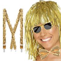 Verkleedset Disco - bretels/bril/strik en tinsel folie pruik - goud - seventies/80's - Carnaval/them Verkleedset Disco - bretels/bril/strik en tinsel folie pruik - goud - seventies/80's - Carnaval/them