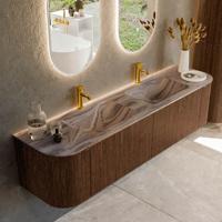 Badmeubel Mondiaz Kurve-Dlux | 180 cm | Meubelkleur Walnut | Wastafelkleur Sombra | Solid surface | Wasbak beide zijden spoelbak | 2 kraangaten Badmeubel Mondiaz Kurve-Dlux | 180 cm | Meubelkleur Walnut | Wastafelkleur Sombra | Solid surface | Wasbak beide zijden spoelbak | 2 kraangaten