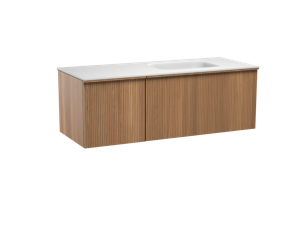 Balmani Forma zwevend badmeubel 135 x 55 cm teakhout met Tablo Arcato asymmetrisch rechtse wastafel in solid surface mat wit Verticale symmetrische rechte ribbel