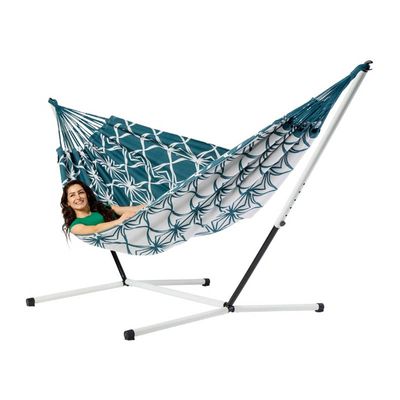 Familie hangmat met metalen standaard - 400x180cm - Groen - 200kg draagkracht- 100% katoen - binnen & buiten