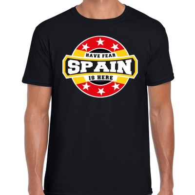 Have fear Spain is here t-shirt voor Spanje supporters zwart voor heren Have fear Spain is here t-shirt voor Spanje supporters zwart voor heren