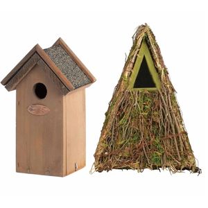 Voordeelset van 2x stuks houten vogelhuisjes/nestkastjes groen en houtkleur - Vogelhuisjes