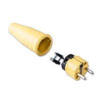 Volrubber stekker geel 16A met randaarde en bus voor penaarde ( Belgie ) max 3x2.5mm²