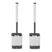 Ruhhy toiletborstel - 2x - wit/grijs - siliconen - H43 cm - met houder - siliconen toiletborstel