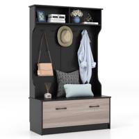 Kapstok met Zitbank en 5 Dubbele Haken Garderobe met Open Vakken en Schoenenkast Halgarderobe voor Entree Slaapkamer (Zwart)