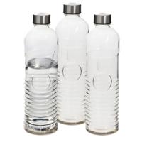 Waterfles - Set van 3x stuks -1 liter - gehard ribbel glas - D8 x H29 cm - drinkfles - Glazen drink