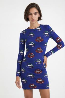 Korte slim fit jurk met lippen - RED - S