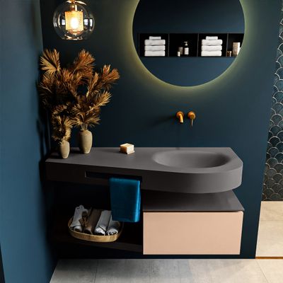 MONDIAZ RIVA 120cm badmeubel onderkast / planchet kleur Rosee met 1 lade. Wastafel DULCET rechts 0 kraangaten kleur Dark_Grey.