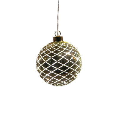 Kersthanger bal glas diamant patroon 8led warm wit op batterij met timer d10 cm glimmend goud - Annas collection