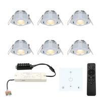 Set van 6 Granada LED Mini Inbouwspots met trafo en muurdimmer - 12 Volt 3 Watt 200 lumen - Dimbaar - Kantelbaar - Plat 35mm - 2700K - IP44 - RVS