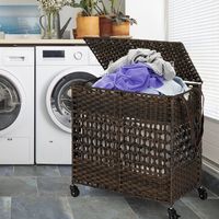 110 L Wasverzamelaar Rotan Wasmand met Deksel 2 Uitneembare Waszakken en 4 Wielen Wasmand voor Badkamer Slaapkamer