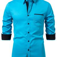 Bon&Bon Men's Dark Grey Long Sleeve Pocket Casual Shirt | Regular Fit Mint Blue / S