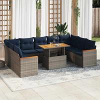 10-delige Loungeset met kussens poly rattan grijs
