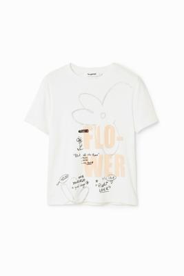 T-shirt met bloem en tekst - WHITE - L