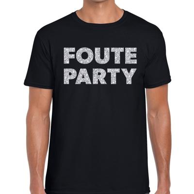 Foute party tekst t-shirt - zwart - voor heren - met zilver glitters print - feestkleding