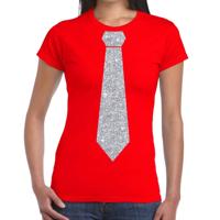Carnaval verkleed t-shirt - met stropdas - rood - zilver glitters - dames - fun t-shirt