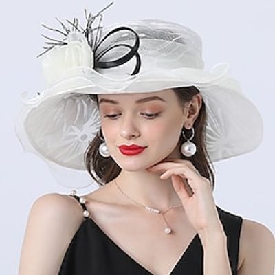 fascinators hoed Hoofdkleding Polyesteri Organza Zonnehoed Hoge hoed Sluier Hoed Feestdagen Strand Elegant Vintage Met Veer Kanten kant Helm Hoofddeksels Lightinthebox