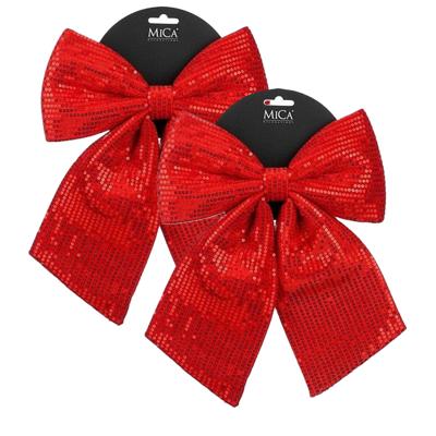 Kerst strik ornament - 2x - rood - 24 x 28 cm - polyester pailletten - kerststrik - kerstversiering