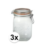 Voorraad/weckpot - 3x stuks - transparant - glas - 17,6 x 8,5 cm - 1 L - Le Parfait