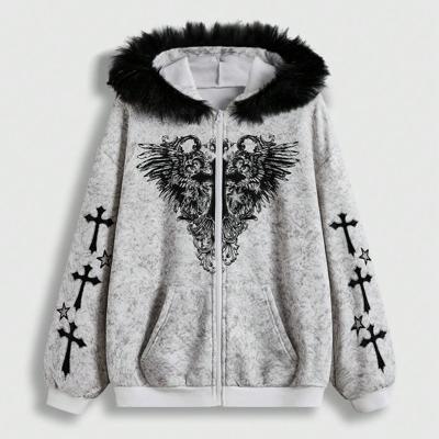 Bon&Bon Fairycore Oversized Zip Up Fuzzy Hoodie - Cross & Wing Print White / XL