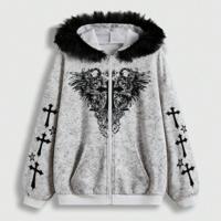 Bon&Bon Fairycore Oversized Zip Up Fuzzy Hoodie - Cross & Wing Print White / XL