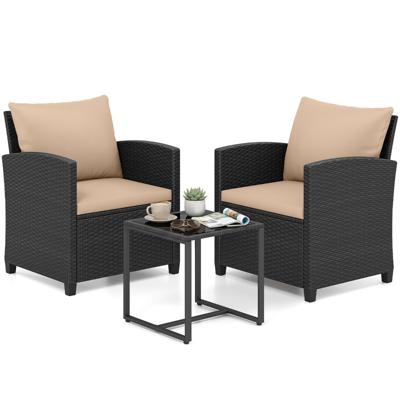 3-Delige Tuinmeubelset 2 Gestoffeerde Fauteuils met een Salontafel van Gehard Glas(Zwart Rietwerk)-Khaki